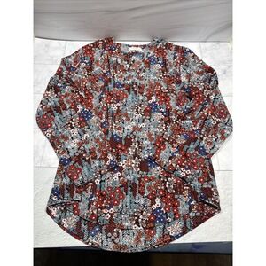 Roswear Women's Floral Long Sleeve V-neck Blouse Red and Blue XXL EUC